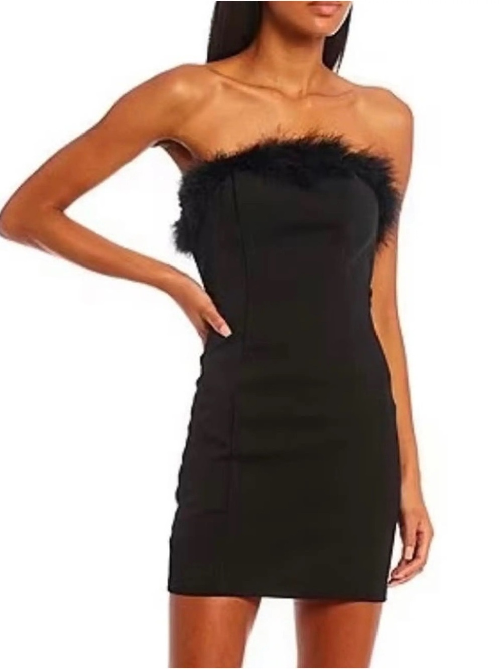 Morgan & Co. Maribou Feather Trim Dress - Party, Going Out, LBD, Strapless, NYE
